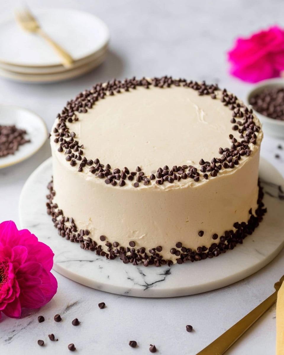 The image shows a round cake with two layers covered in smooth, light beige frosting. The top edge of the cake is decorated with a circle of small dark brown chocolate chips, with more chocolate chips scattered around the bottom edge, creating a contrast against the light frosting. The cake sits on a white marbled round board, and the surface beneath it also has a white marbled texture. Around the cake, there are scattered chocolate chips, a bright pink flower, and a white plate with a gold fork resting on it. The overall look is simple and elegant. photo taken with an iphone --ar 4:5 --v 7