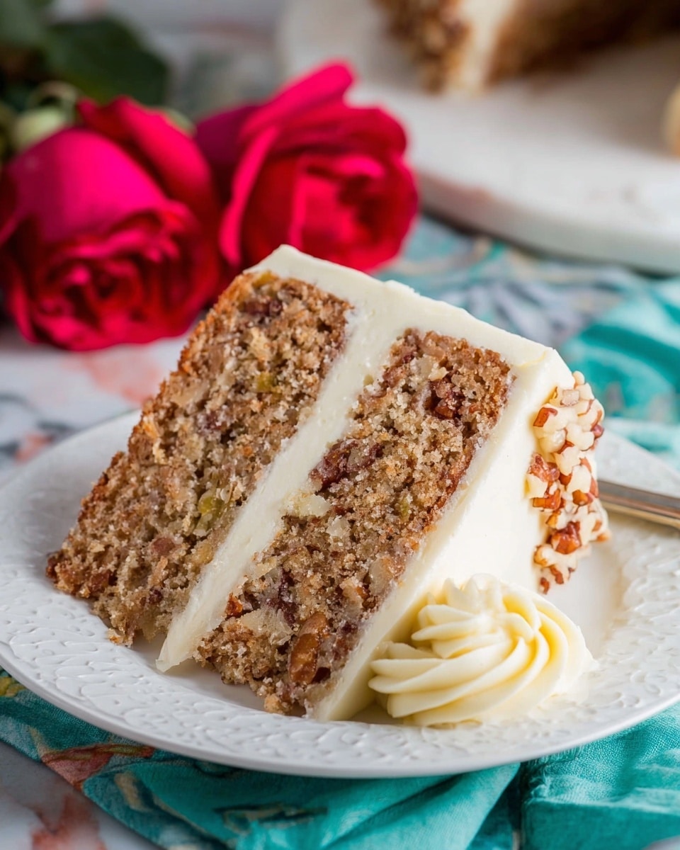 A slice of two-layer light brown nut cake with visible bits of nuts and fruit pieces spreads evenly with thick creamy white frosting between the layers and on the sides. The slice sits on a white decorative plate with a small swirl of frosting on the side. The plate rests on a teal cloth with two red roses in the background and a white marbled surface below. Photo taken with an iphone --ar 4:5 --v 7