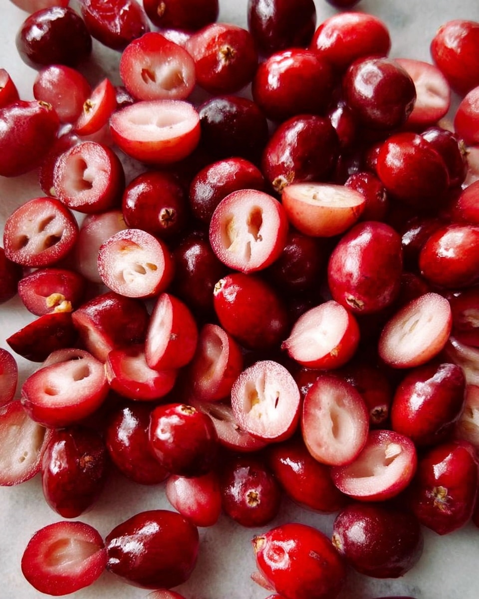 The image shows many fresh cranberries that have been sliced in half and placed on a white marbled surface. The cranberries have a shiny, deep red outer skin and a lighter pinkish-white inside with visible seeds. The pieces are spread closely together, creating a dense layer of mixed whole and halved berries with smooth, glossy textures and some slightly uneven edges from slicing. Photo taken with an iphone --ar 4:5 --v 7