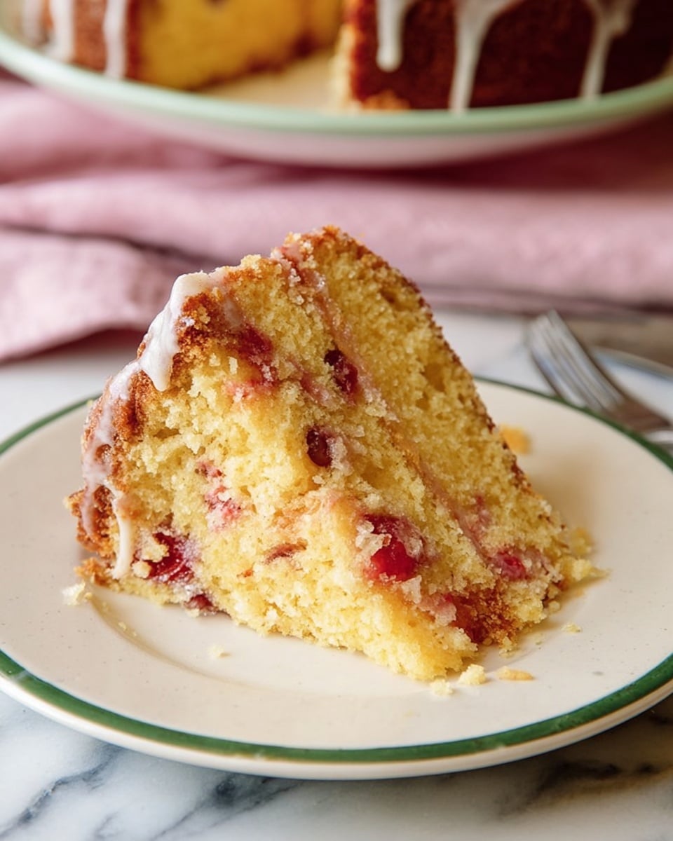 A single slice of cake sits on a white plate with a green rim, showing two main layers. The inside is light yellow with visible pieces of red fruit scattered throughout the soft texture. The outer crust is golden brown and slightly rough. A thin layer of white frosting or glaze is seen near the top edge of the slice, with a small drizzle on the crust. The plate rests on a white marbled surface, and in the background, there is another plate holding the rest of the cake, slightly blurred. A pink cloth and a silver fork are also faintly visible nearby. Photo taken with an iphone --ar 4:5 --v 7