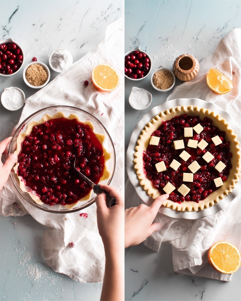 The image shows two scenes of making a berry pie. On the left, a clear glass bowl filled with red berries mixed with sugar and dark juice is on a white marbled surface, with a white cloth underneath. A woman's hand holds the bowl while the other woman’s hand stirs the mixture with a black spoon. Around the bowl, there are small white bowls with cranberries and brown sugar, and a wooden citrus juicer with half an orange nearby. On the right, a white pie plate sits on the same white cloth and surface, filled with a layer of red berries. Small cubes of light butter are spread evenly on top. A woman's hand is placing a butter cube on the berries. There are small bowls and orange halves around the pie plate. Photo taken with an iphone --ar 4:5 --v 7