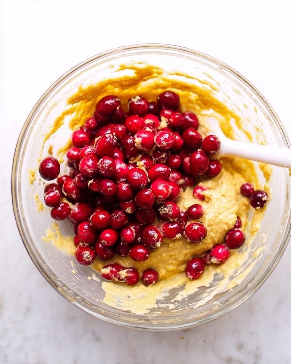A clear glass bowl on a white marbled surface holds a yellow batter with a thick texture. On top of the batter, there is a pile of bright red, whole and halved cranberries, some with glossy surfaces. A white spatula is partially visible, resting inside the bowl with traces of batter on it. The sides of the bowl have some batter streaks showing use. photo taken with an iphone --ar 4:5 --v 7