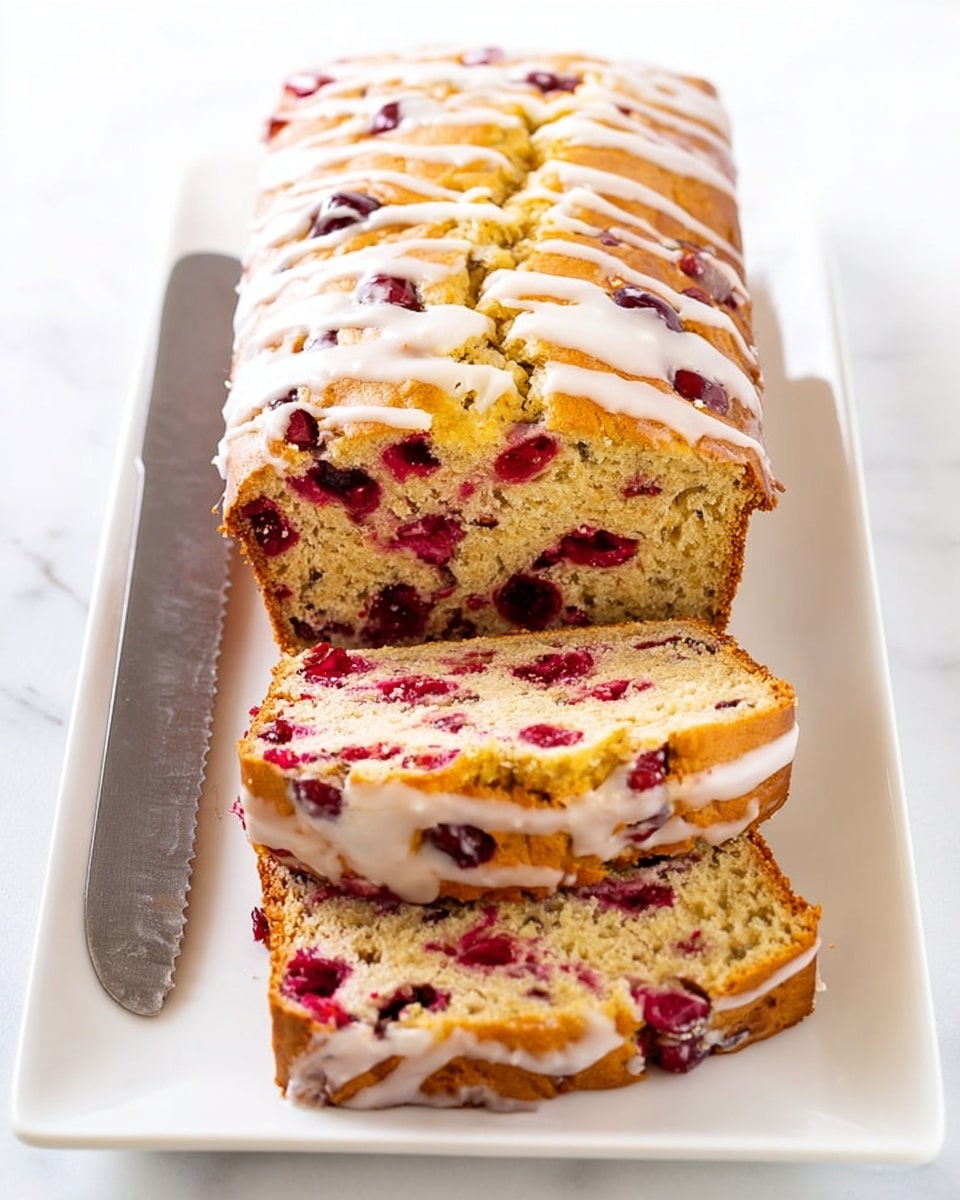 The image shows a loaf of cranberry bread on a white rectangular plate placed on a white marbled surface. The bread has a golden brown crust with a cracked top drizzled with white icing. Two slices are cut and laid in front of the loaf, revealing a soft crumb inside filled with numerous bright red cranberries evenly spread throughout. The texture of the bread looks moist and slightly dense. A serrated knife is placed to the left side of the plate. Photo taken with an iphone --ar 4:5 --v 7