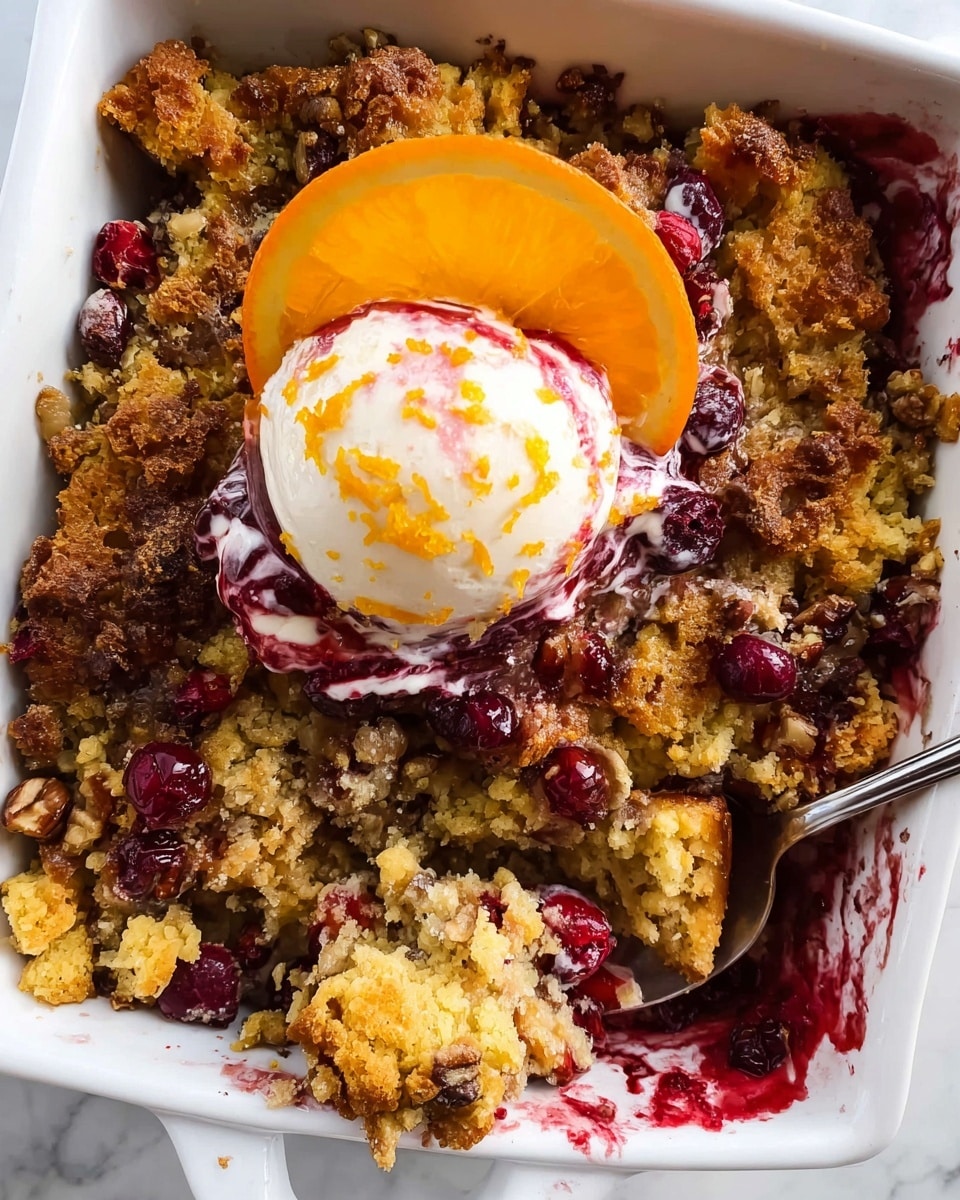 A white square baking dish holds a crumbly, golden-brown dessert with bright red cranberries scattered throughout. The top layer is textured with bits of toasted pecans and visible orange zest sprinkles. In the center, there is a scoop of white ice cream swirled with dark red berry sauce, topped with a fresh orange slice resting on the ice cream. Some of the dessert is missing from the bottom right corner, showing its moist, mixed texture below the crumbly top. The dish is set on a white marbled surface photo taken with an iphone --ar 4:5 --v 7