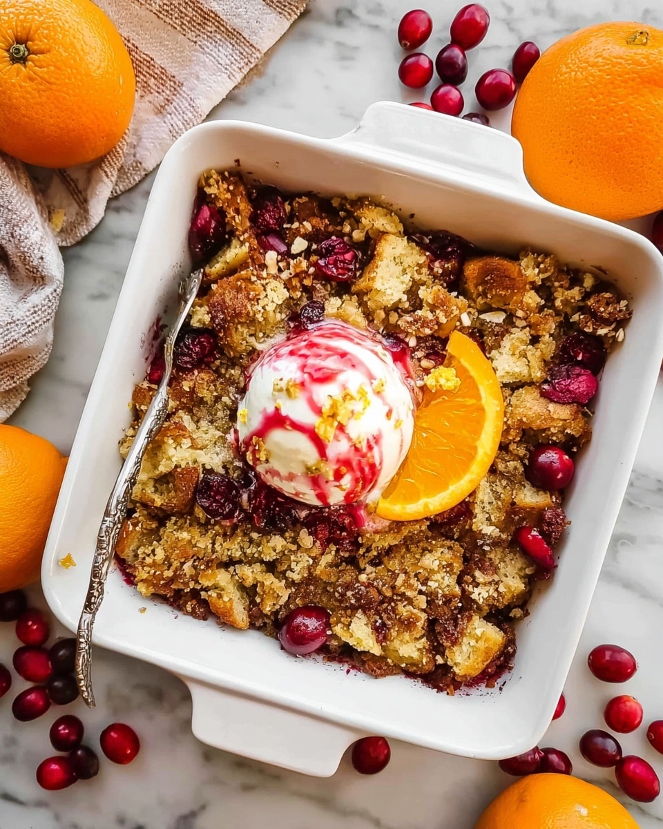 A white square baking dish filled with a layered baked dessert. The bottom layer is a crumbly bread-like texture with golden brown toasted edges. Scattered throughout the dish are whole and halved bright red cranberries adding pops of color. On top in the middle is a round scoop of white cream or ice cream with a swirl of red sauce. Next to the cream is a thin slice of orange adding a bright accent. The top layer has bits of nuts and orange zest sprinkled for texture and color. The dish sits on a white marbled surface with whole oranges and extra cranberries around it for decoration. Photo taken with an iphone --ar 4:5 --v 7