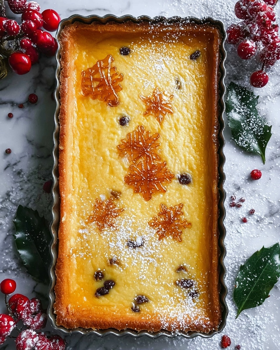 The image shows a rectangular baked dessert in a metal tart pan with a golden-brown crust around the edges, and a smooth creamy yellow filling dotted with small dark spots, likely raisins or chocolate chips. The surface of the dessert is decorated with delicate caramel sugar art in uneven shapes, placed mainly in the center and upper left area. There is a light dusting of white powdered sugar scattered across the top, adding texture. The pan sits on a white marbled surface with snowy red berries and green leaves placed nearby, creating a festive look. Photo taken with an iphone --ar 4:5 --v 7