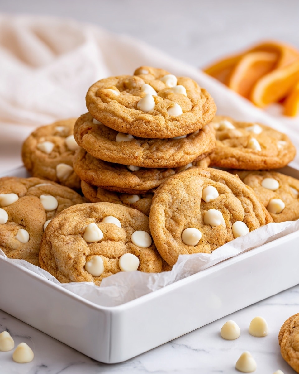 Several soft orange-colored cookies with smooth white chocolate chips are arranged on crumpled white parchment paper over a white marbled surface. One cookie near the center has a bite taken out of it, showing a soft, slightly crumbly inside with a mix of orange dough and white chips. The cookies show small cracks and ridges on the surface, with some loose white chocolate chips scattered around. The overall look is warm and inviting. photo taken with an iphone --ar 4:5 --v 7