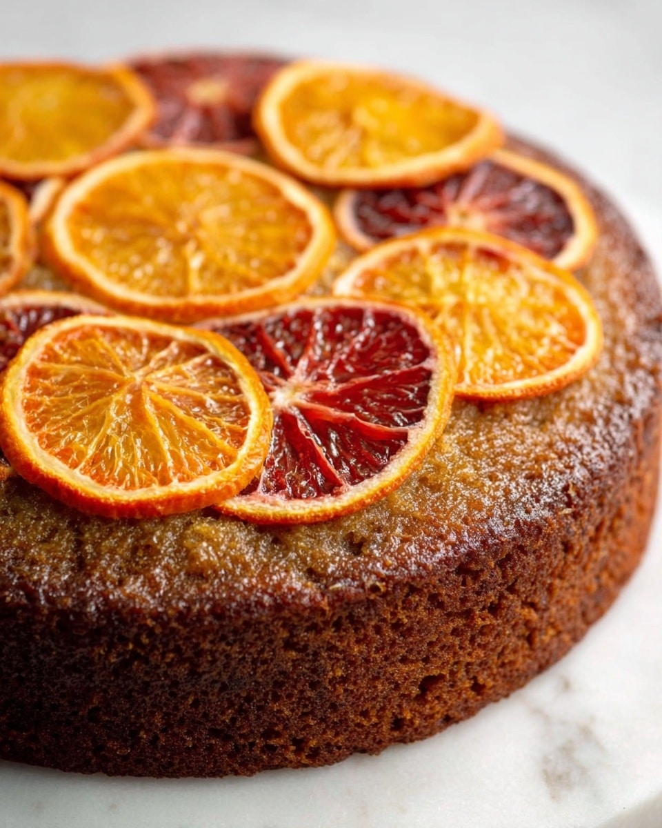 A round brown cake with a rough, moist texture sits on a white marbled surface. The top of the cake is decorated with thin orange slices arranged in a circle, showing shades of bright orange and deep red, some glossy and slightly shiny. The cake looks dense and textured, with the orange slices resting evenly on top without any other layers visible. photo taken with an iphone --ar 4:5 --v 7