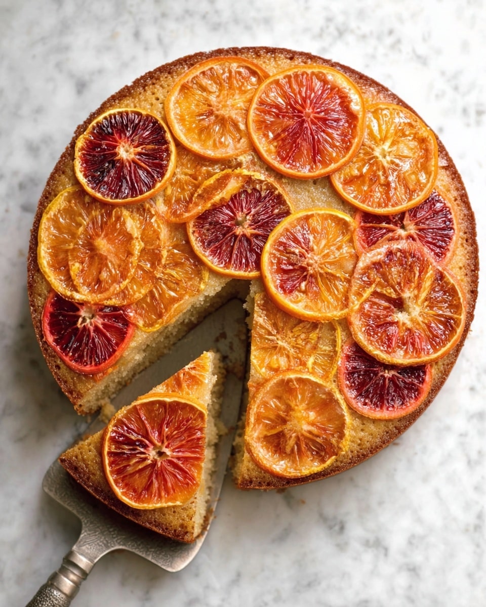 A round cake with a golden brown top layer, decorated with a single layer of thin, circular orange slices arranged evenly across the surface. The orange slices have reddish and bright orange colors with a slightly textured, juicy appearance. One slice of the cake is cut and slightly pulled out, showing the soft, moist texture inside that is light brown. The cake sits on a white marbled surface with a vintage silver cake server partially visible under the pulled-out slice. photo taken with an iphone --ar 4:5 --v 7