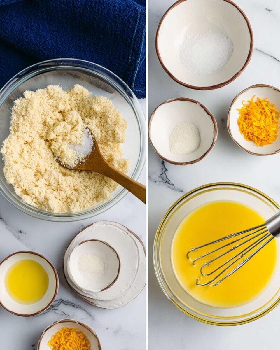The image shows two side-by-side photos on a white marbled surface. The left photo has a large clear glass bowl filled with a light beige crumbly mixture topped with some white granules, and a wooden spoon resting inside. Surrounding the bowl are three small white bowls with brown rims, holding a yellow liquid, white granules, and a white powder. The right photo features a clear glass bowl containing a smooth bright yellow liquid, with two silver electric beaters immersed in it. Above this bowl, there are two small white bowls with brown rims, one filled with finely grated orange zest and the other with a light yellow liquid. A dark blue cloth is partially visible near the top edge of both photos. photo taken with an iphone --ar 4:5 --v 7