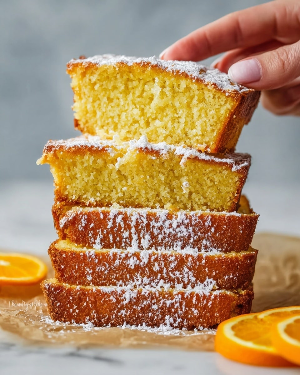 A stack of five golden-yellow slices of cake, lightly dusted with white powdered sugar on the sides and top edges, resting on a piece of parchment paper on a white marbled surface. The texture of the cake looks moist and slightly crumbly, with the top slice held by a woman's hand showing the soft interior clearly. At the bottom corners of the image, two bright orange slices add a pop of color. The background is a soft, neutral gray, keeping the focus on the cake. Photo taken with an iphone --ar 4:5 --v 7