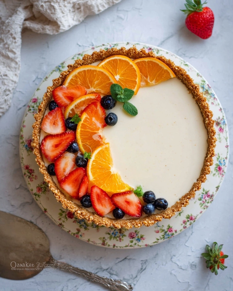 The image shows a fruit tart with three clear layers: the bottom crust is golden brown and crumbly, forming a thick edge around the tart; above the crust is a smooth, creamy white filling that fills most of the tart; on top, the fruit layer is arranged around one side, consisting of bright orange slices, red strawberry slices, whole strawberries, small dark blueberries, and a few green mint leaves adding color contrast. A slice has been taken out and placed on a white plate nearby with a strawberry and a blueberry on top, and a fork rests beside it. The background is a white marbled surface, with three fresh strawberries and a small white plate holding orange slices nearby. photo taken with an iphone --ar 4:5 --v 7