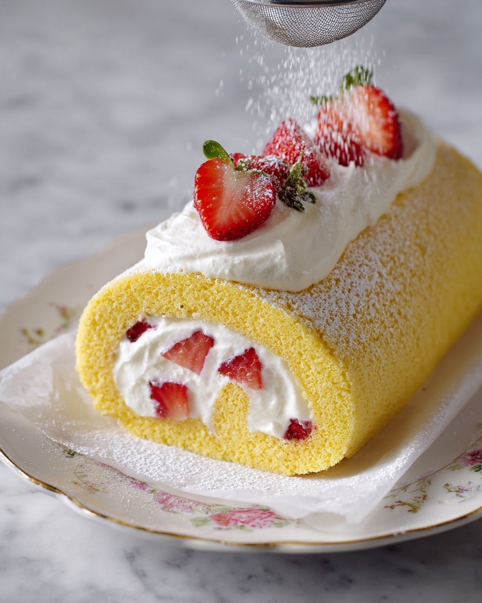 A thin rectangular yellow sponge cake is laid flat on white parchment paper with a white marbled surface underneath. On top of the cake, a thick layer of smooth white cream is spread evenly. Fresh red strawberry pieces are scattered on the cream layer. The cake is then rolled up tightly into a spiral shape, creating a rolled cake with yellow outer layers and visible white cream and strawberry filling inside. The rolled cake is placed on a white plate with delicate floral designs, garnished with halved strawberries on top and dusted with a fine layer of powdered sugar being sprinkled from a small sieve. Photo taken with an iphone --ar 4:5 --v 7