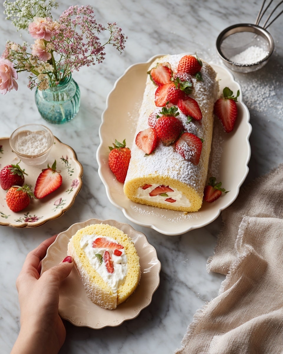 A white oval plate with subtle floral details holds a yellow rolled cake dusted with powdered sugar, topped with several halved red strawberries, and one slice laid flat showing white cream and strawberry pieces inside. A woman's hand is holding a beige scalloped plate with a slice of the same cake and two strawberry halves. The background features a blue-gray tablecloth with a beige cloth napkin, a small sifter with powdered sugar, and a clear glass vase with delicate pink flowers, all on a white marbled surface. Photo taken with an iphone --ar 4:5 --v 7