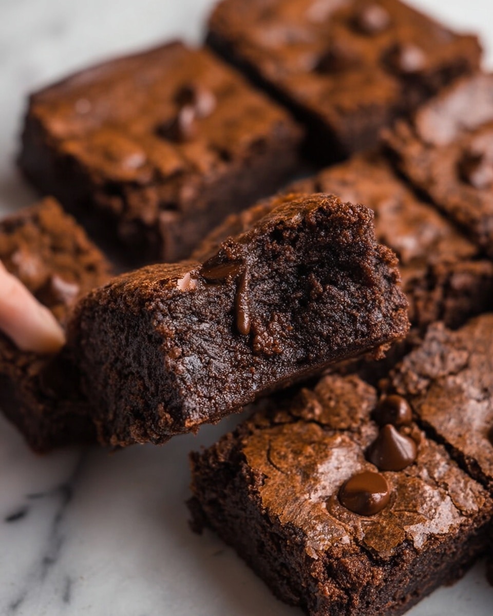The image shows several thick, square pieces of dark brown brownies with a dense, moist texture. Each brownie has a slightly cracked, smooth top layer with shiny chocolate chips melted into and scattered on the surface. One brownie is held up by a woman's hand, showing the soft, rich inside with deeper dark spots and a lumpy texture from melted chocolate bits inside. The brownies are placed closely together on a white marbled surface. photo taken with an iphone --ar 4:5 --v 7
