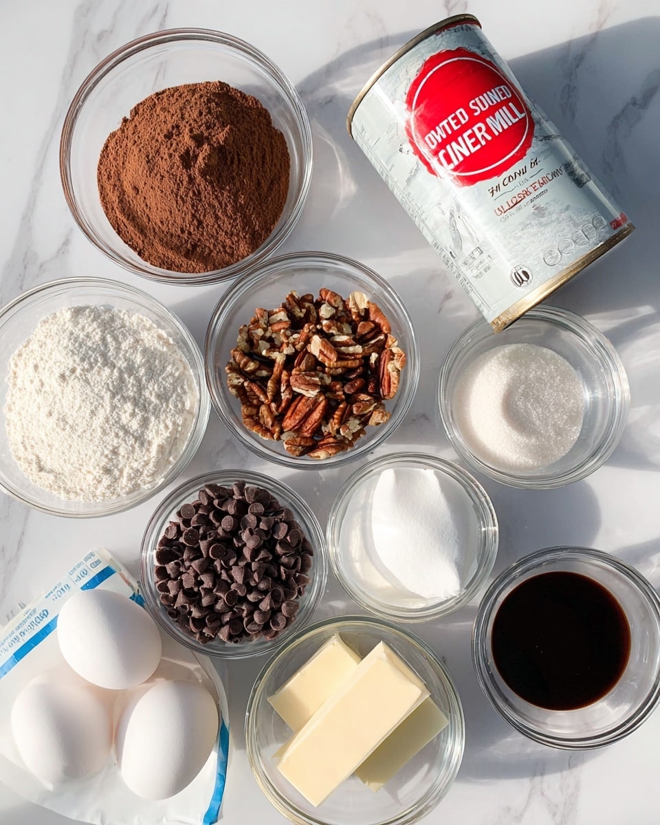 This image shows a group of baking ingredients arranged on a white marbled surface. In the center is a silver can of sweetened condensed milk with a red and white label. Surrounding the can are nine clear glass bowls containing different ingredients: one with light brown cocoa powder at the top, white granulated sugar to the right, chopped pecans below that, white flour to the left, salt at the bottom left, and dark vanilla extract at the bottom right. There is a white bowl full of small dark chocolate chips at the bottom left corner. Two whole white eggs and two sticks of butter wrapped in paper with blue measuring lines are placed between the bowls near the bottom center. The sunlight softly lights the scene, casting gentle shadows. photo taken with an iphone --ar 4:5 --v 7