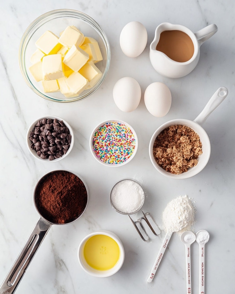 The image shows an overhead view of baking ingredients arranged neatly on a white marbled surface. There are three whole white eggs placed close together near the center. To the left, a clear glass bowl contains several cubes of pale yellow butter. On the right side, a white small pitcher holds a light brown liquid. Two white bowls are filled with different ingredients: one with dark chocolate chips and another with colorful rainbow sprinkles. A small white bowl with a yellow rim contains crushed brown crumbs. Below, a metal measuring cup holds dark brown cocoa powder, and another metal measuring spoon contains white powdered sugar. A white plastic measuring spoon with a pale yellow liquid rests between the metal cups. A small white spoon contains a fine white powder. The whole setup is clean and organized on the smooth white marbled background. photo taken with an iphone --ar 4:5 --v 7