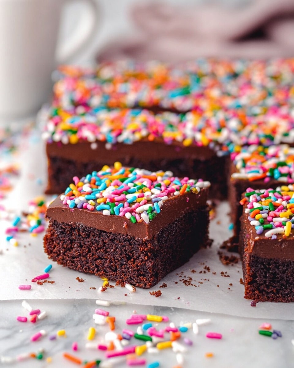 The image shows several thick, square pieces of chocolate cake arranged on white parchment paper on a white marbled surface. Each piece has two visible layers: a dense, dark brown chocolate cake base and a smooth, glossy chocolate frosting layer on top. The frosting is covered with colorful, small cylindrical sprinkles in bright colors like pink, blue, green, yellow, orange, white, and purple. Some sprinkles have fallen on the white parchment paper around the cake squares. In the blurred background, there is a white cup that adds depth to the image. The overall look is bright and inviting with a focus on the rich textures of the chocolate and sprinkles. photo taken with an iphone --ar 4:5 --v 7