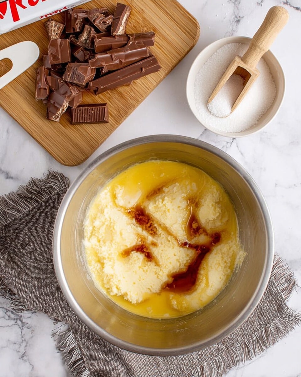 A metal mixing bowl with a few layers inside: the bottom layer is a thick yellow liquid, likely melted butter; on top of it, there is a fluffy off-white creamy layer, and drizzled on that is a small amount of dark amber liquid, which looks like vanilla extract. To the top left on a wooden cutting board, there are chocolate KitKat bars, some unbroken long pieces and some smaller chopped pieces scattered around. The background is a white marbled surface, a gray cloth with fringed edges is seen partially under the bowl and nearby a small white bowl with a light brown wooden scoop surrounded by granulated white sugar. A white spatula rests to the left on top of the gray cloth. photo taken with an iphone --ar 4:5 --v 7