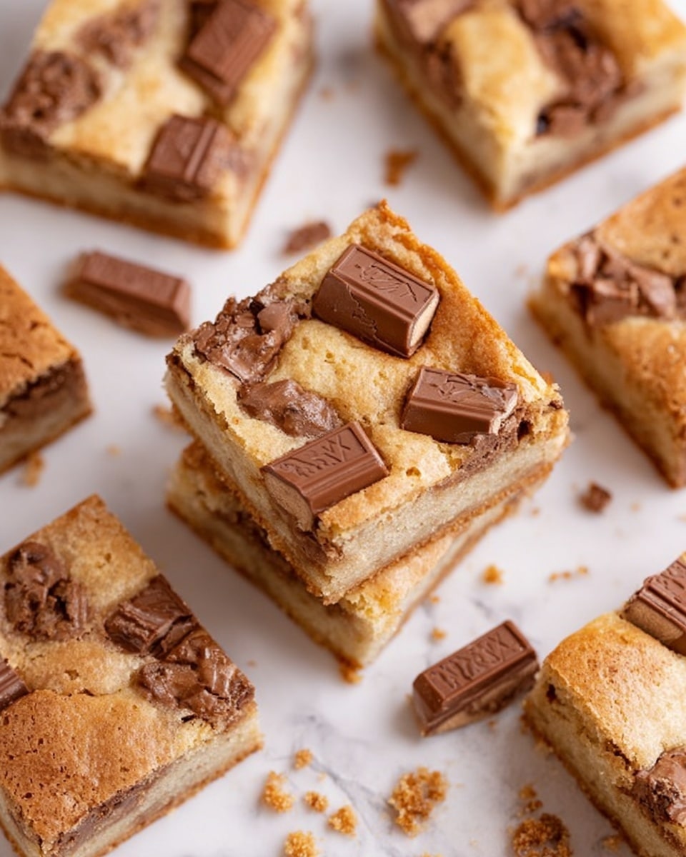 The image shows several square blondie bars arranged on a white marbled surface. Each blondie has a light golden-brown top layer with a slightly crisp texture. Embedded in the top are unevenly placed chunks of milk chocolate and pieces shaped like Kit Kat bars, showing details of the chocolate's smooth and shiny surface. There are crumbs scattered around the bars, adding texture to the scene. The bars are stacked in places, with one square blondie positioned on top of another, showing three layers: the bottom baked blondie, the middle soft dough, and the top golden crust with chocolate pieces. Photo taken with an iphone --ar 4:5 --v 7