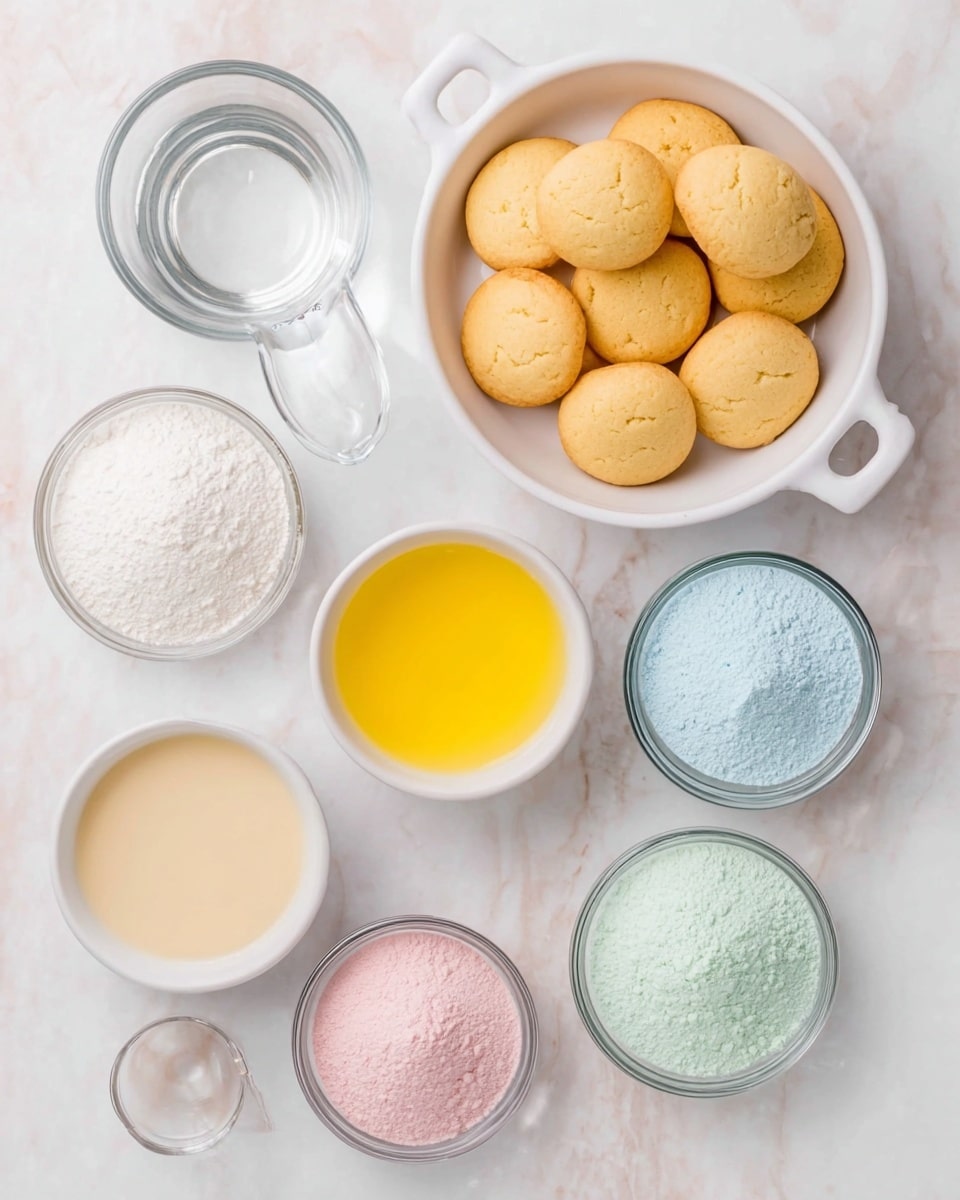 The image shows several small bowls with different ingredients placed on a white marbled surface. On the top right, there is a white dish with two handles filled with a neat circle of light golden round cookies. Moving clockwise, there is a small white bowl with bright yellow melted butter. Below the cookies are five small clear bowls filled with various powders: light pink, light blue, white, light green, and a darker pink. At the bottom left is a white bowl with a creamy beige liquid. Next to it is a clear glass measuring cup with water. Another small white bowl with a clear liquid is placed near the center left. The arrangement is neat, with all bowls visible and spaced evenly. photo taken with an iphone --ar 4:5 --v 7