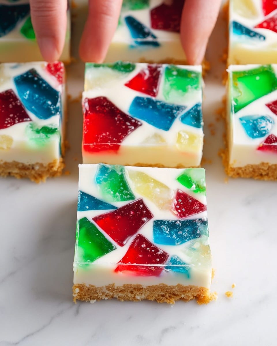 A square dessert slice with a light golden crumb crust at the bottom, topped by a white creamy layer embedded with colorful, shiny jelly-like chunks in bright red, green, blue, and yellow scattered evenly throughout. The slice is placed on a white marbled surface, next to other similar cut squares, showing clean, sharp edges and smooth glossy texture on top with some small bubbles visible. Two woman's hands holding thin sticks are gently touching or pointing at the jelly pieces on the slices. photo taken with an iphone --ar 4:5 --v 7