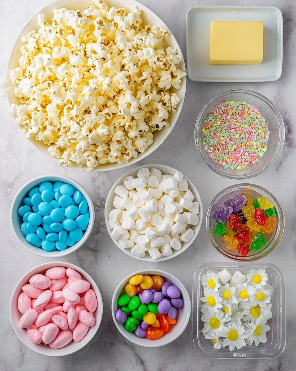 A large white bowl filled with light yellow popcorn sits in the upper left, showing fluffy, slightly crunchy texture. Below it, a white bowl is crowded with tiny white marshmallows, smooth and powdery. To the right of the marshmallows is a small white bowl with colorful pastel sprinkles, tiny and round. Nearby, a white plate holds a rectangular block of yellow butter. Above that plate, there are three clear small bowls: one with blue candy disks, smooth and flat; one with bright green, purple, and yellow coated candies that are shiny and round; and one with red, orange, green, and purple gummy bears, translucent and soft. At the bottom left, a clear bowl contains bright pink candy disks. Next to it, a white bowl holds small, smooth pastel-colored candy eggs in yellow, light blue, pink, and beige. To the right, there is a clear plastic container with white edible flowers that have yellow centers, laying flat. All items are placed on a white marbled surface photo taken with an iphone --ar 4:5 --v 7