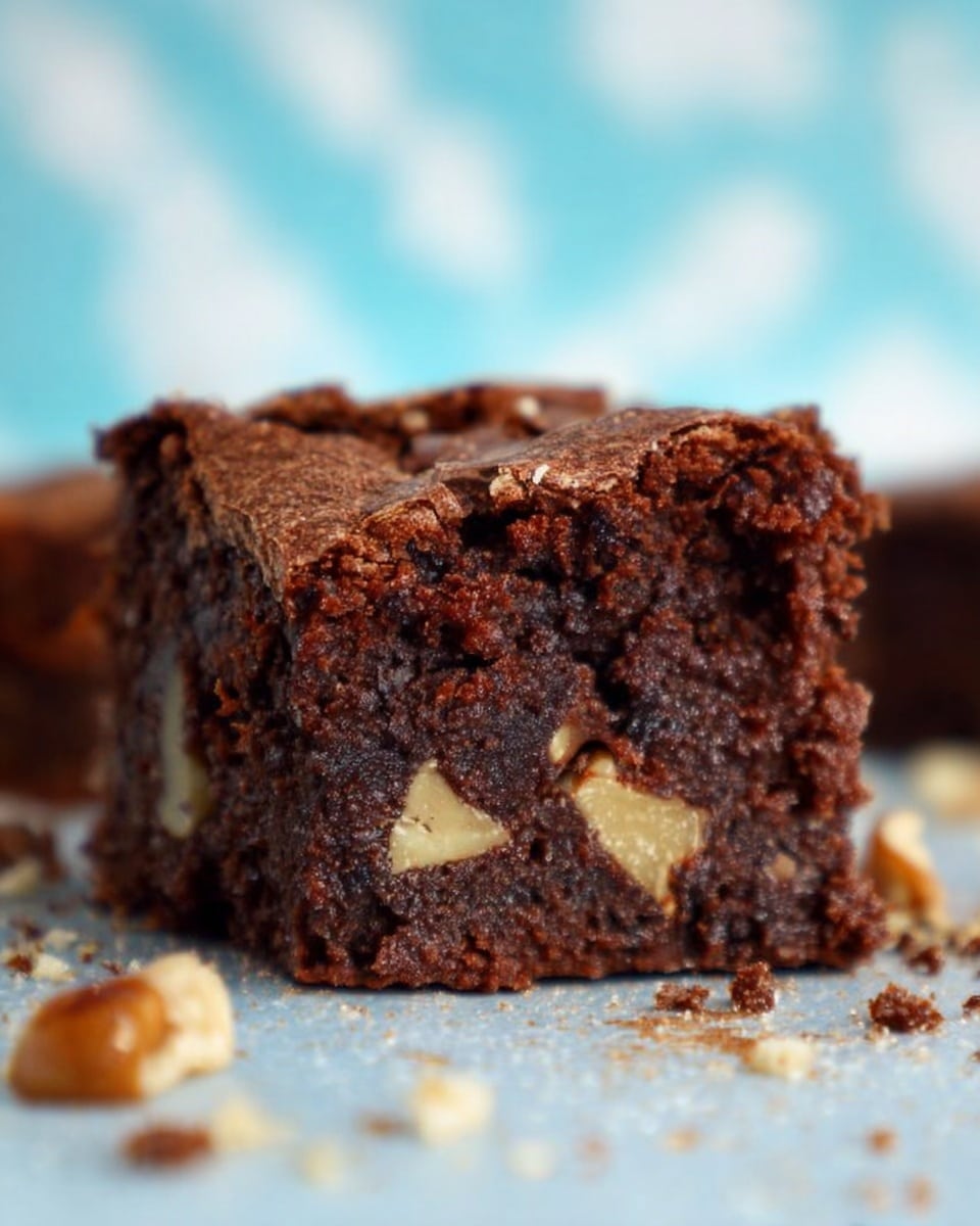 The image shows a thick square piece of chocolate brownie with a rich, dark brown color and a slightly cracked top. The brownie has visible pieces of light brown nuts scattered throughout its moist, dense texture. It sits on a surface with scattered nut crumbs around it, and the background is a soft blurred pattern in light blue tones. Photo taken with an iphone --ar 4:5 --v 7