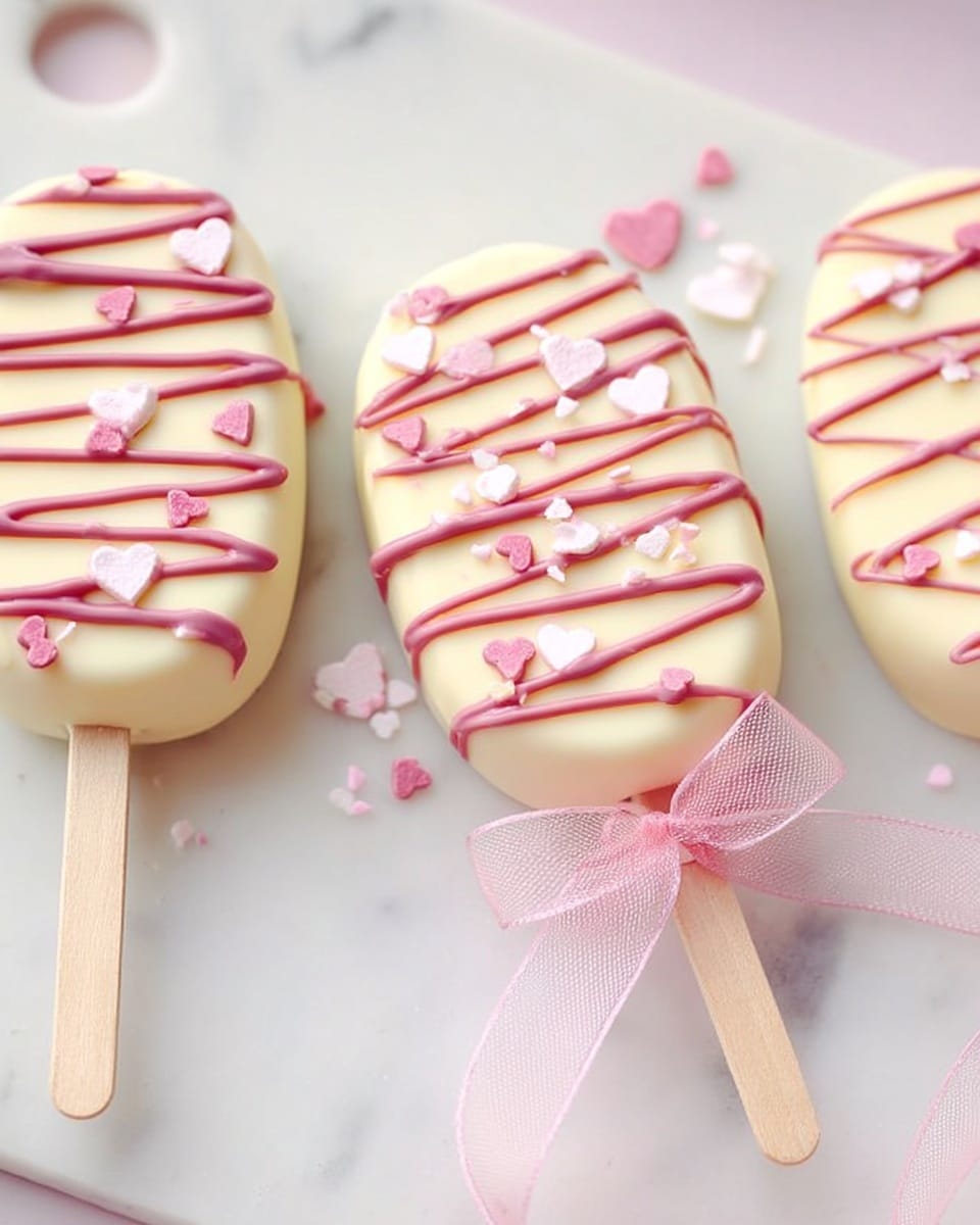 The image shows three oval-shaped ice cream bars on wooden sticks laid on a white marbled surface. Each bar is coated with smooth white chocolate and decorated with thin, pink zigzag lines drizzled on top. Small pink and white heart-shaped sprinkles are scattered over the surface of the bars in a random pattern. One of the bars has a sheer pink ribbon tied in a bow around its wooden stick, adding a delicate touch. The colors are soft and pastel, giving a sweet and delicate feel to the treats. photo taken with an iphone --ar 4:5 --v 7