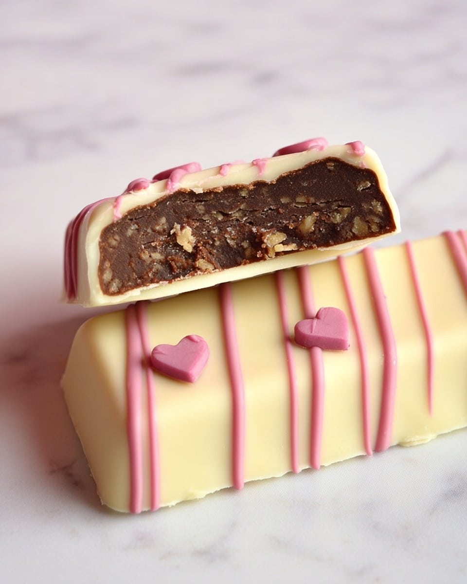 Two rectangular chocolate bars are shown on a white marbled surface. The bottom bar is fully covered in smooth, creamy white chocolate with thin, evenly spaced pink lines drizzled on top and three small pink heart-shaped decorations. The top bar is cut in half and placed partly on the bottom bar, showing the inside with a dense dark chocolate center that has small bits of nuts. The outer coating of this bar is the same creamy white chocolate with pink drizzles like the bottom one. A woman's hand holds the top half, lifting it slightly. photo taken with an iphone --ar 4:5 --v 7
