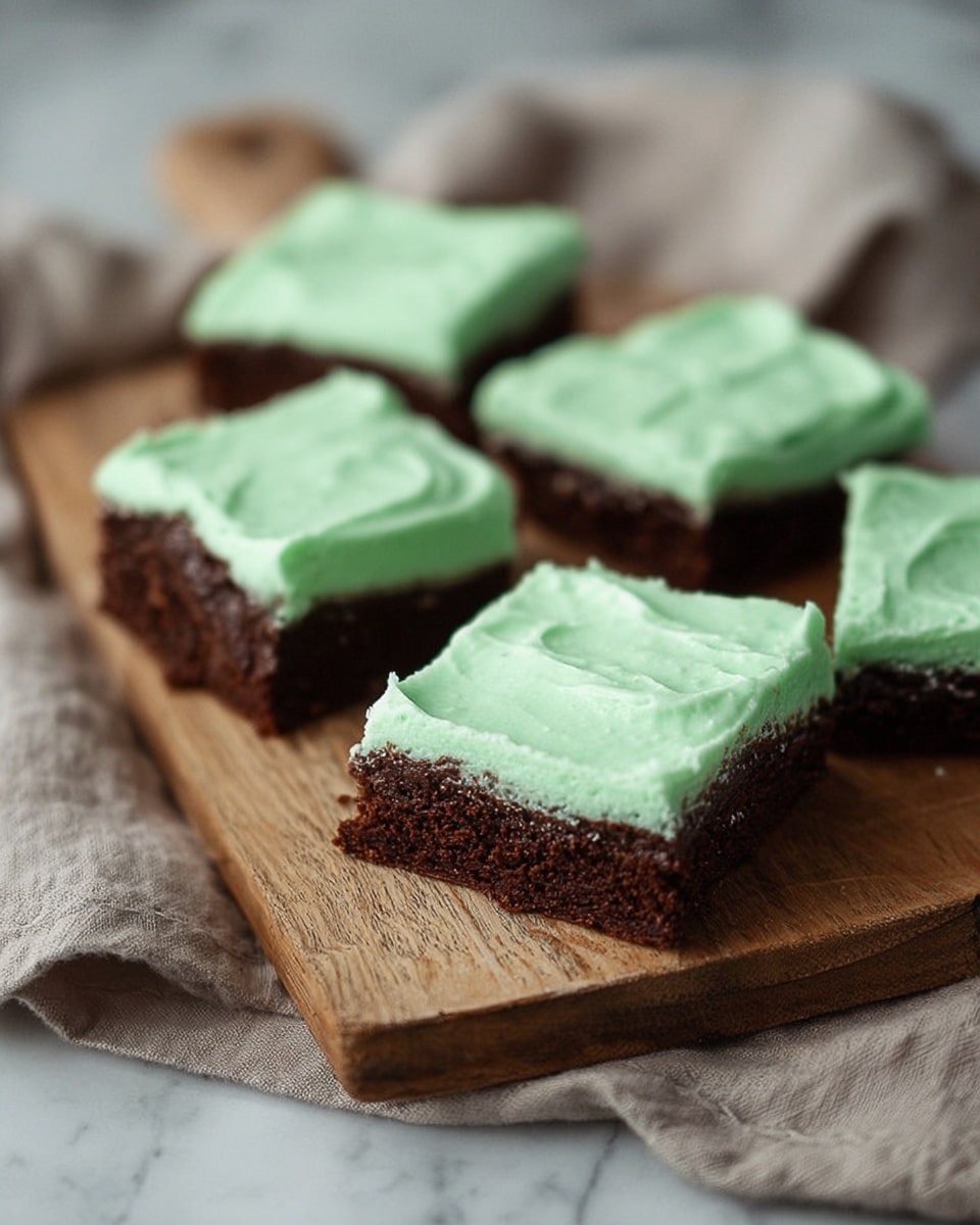 The image shows five square brownies placed on a wooden cutting board, set on a soft neutral cloth over a white marbled surface. Each brownie has two visible layers: the bottom layer is a rich, dark brown chocolate base with a slightly crumbly texture, and the top layer is a smooth, thick mint green frosting that covers the brownies evenly with gentle swirls. The brownies are spaced apart, with one brownie in the front clearly showing the two layers. The lighting is soft and natural, creating a cozy and inviting feel. photo taken with an iphone --ar 4:5 --v 7