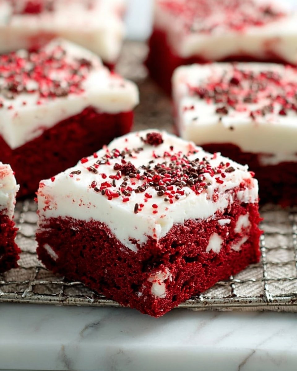The image shows several square red velvet cake pieces with two visible layers on a white marbled surface. The bottom layer is a rich deep red cake with a soft, moist texture, speckled with small white chunks inside. The top layer is a smooth, thick white frosting that covers the cake completely and is sprinkled with small red and dark brown sprinkles. The cake pieces are resting on a wire rack with a light-colored cloth underneath. The focus is on the front cake slice, showing clear details of the layers and texture. Photo taken with an iphone --ar 4:5 --v 7