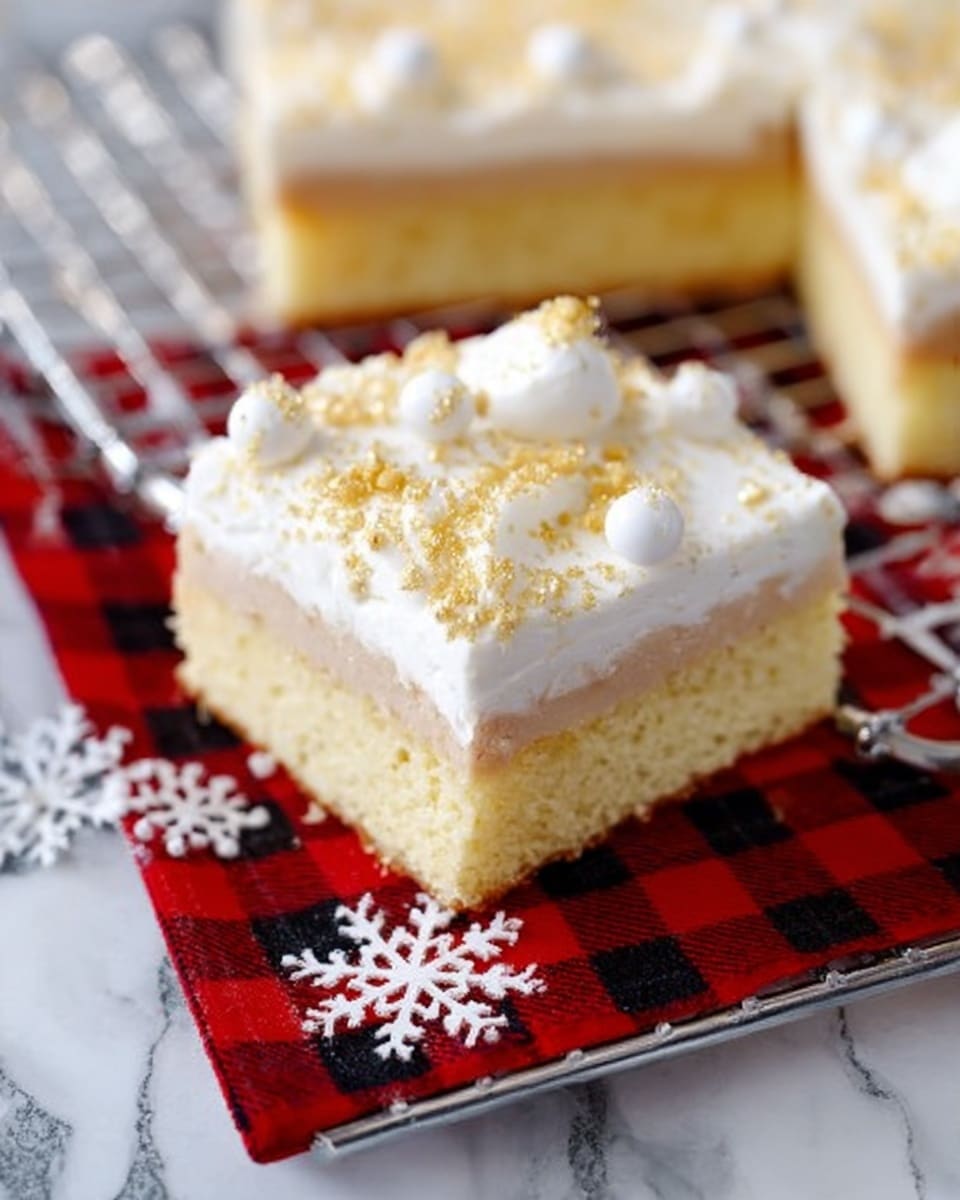 The image shows a square dessert with two layers. The bottom layer is a light yellow cake with a soft texture. The top layer is white frosting dusted with golden sugar crystals and decorated with small white round sugar pearls, placed near the corner. The dessert is on a silver wire rack, and underneath is a red and black checkered cloth with white snowflake patterns. The surface beneath the rack is a white marbled texture. Photo taken with an iphone --ar 4:5 --v 7