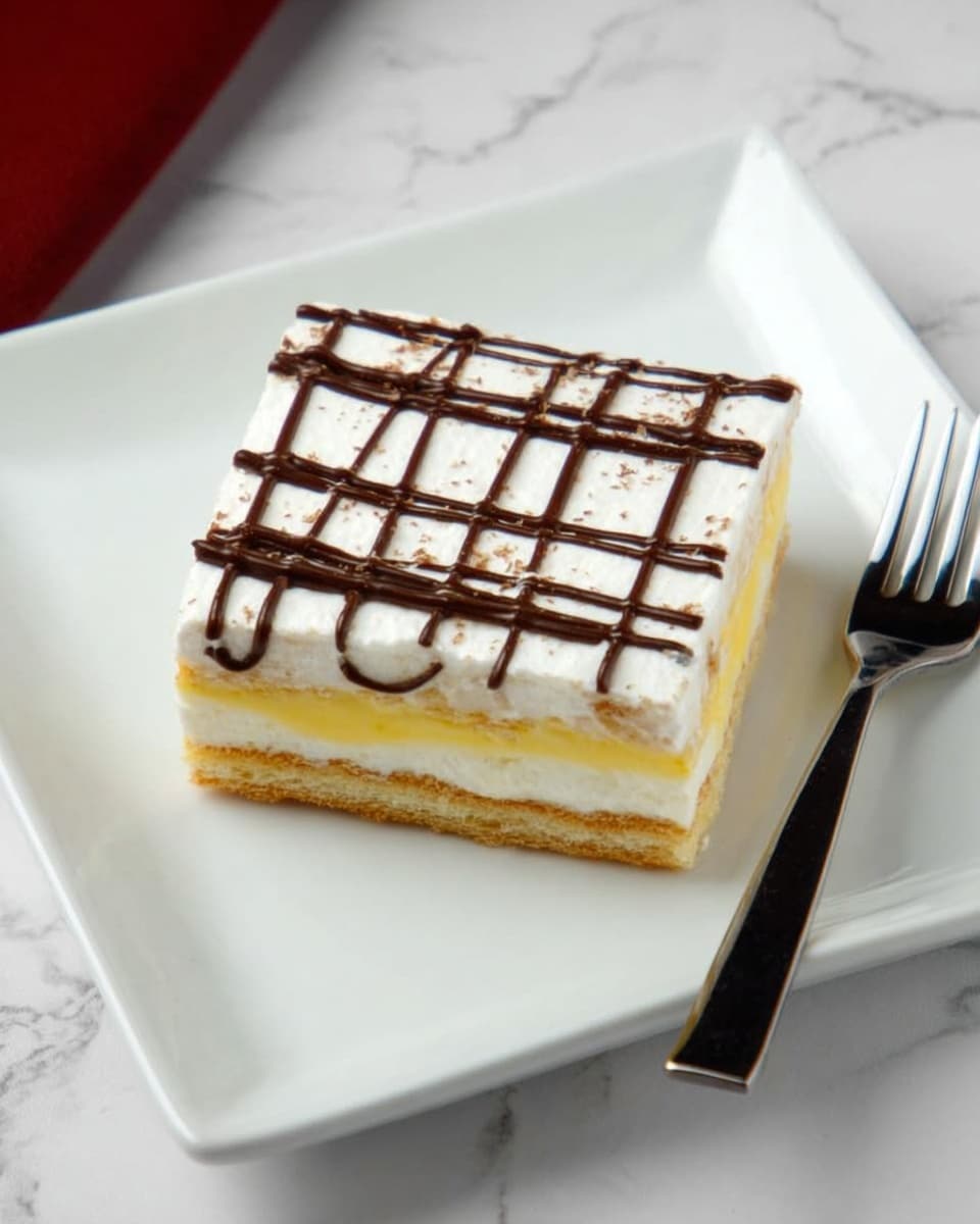 A square dessert is shown on a white square plate placed on a white marbled texture. The dessert has four visible layers: the bottom layer is a golden brown crust, followed by a thick yellow cream layer, then a white sponge-like layer, and topped with a smooth white icing layer decorated with dark chocolate lines forming a grid pattern. A fork with a black handle lies next to the dessert on the plate. Photo taken with an iphone --ar 4:5 --v 7