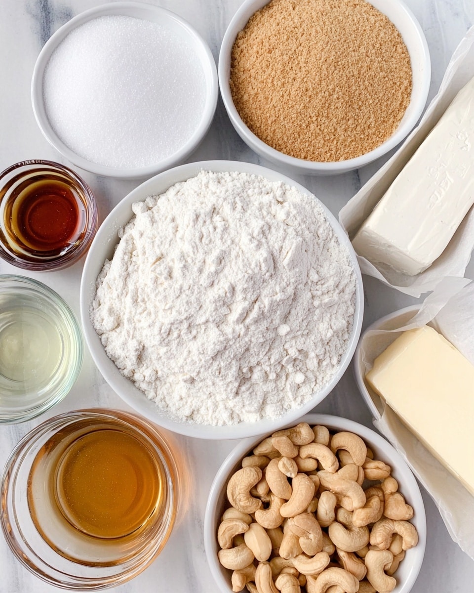 A top-down view of several small white bowls arranged in a loose circle on a white marbled surface, each filled with different baking ingredients: a bowl full of white flour in the center, a bowl of light brown sugar behind it, a bowl of white sugar to the left of the brown sugar, a bowl of light caramel-colored liquid to the far left, a small bowl of clear oil below the flour, mixed light beige cashew nuts in a white bowl at the bottom right, golden brown baking chips next to a stick of salted butter in white wrapping on the right side. photo taken with an iphone --ar 4:5 --v 7