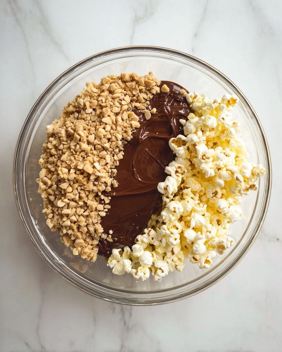 A clear glass bowl contains three layers of ingredients arranged side by side: on the left is a thick layer of light brown chopped nuts with a rough texture, in the middle is a smooth, glossy dark brown layer of melted chocolate, and on the right is a fluffy layer of white and yellow popcorn. The bowl sits on a white marbled surface. photo taken with an iphone --ar 4:5 --v 7