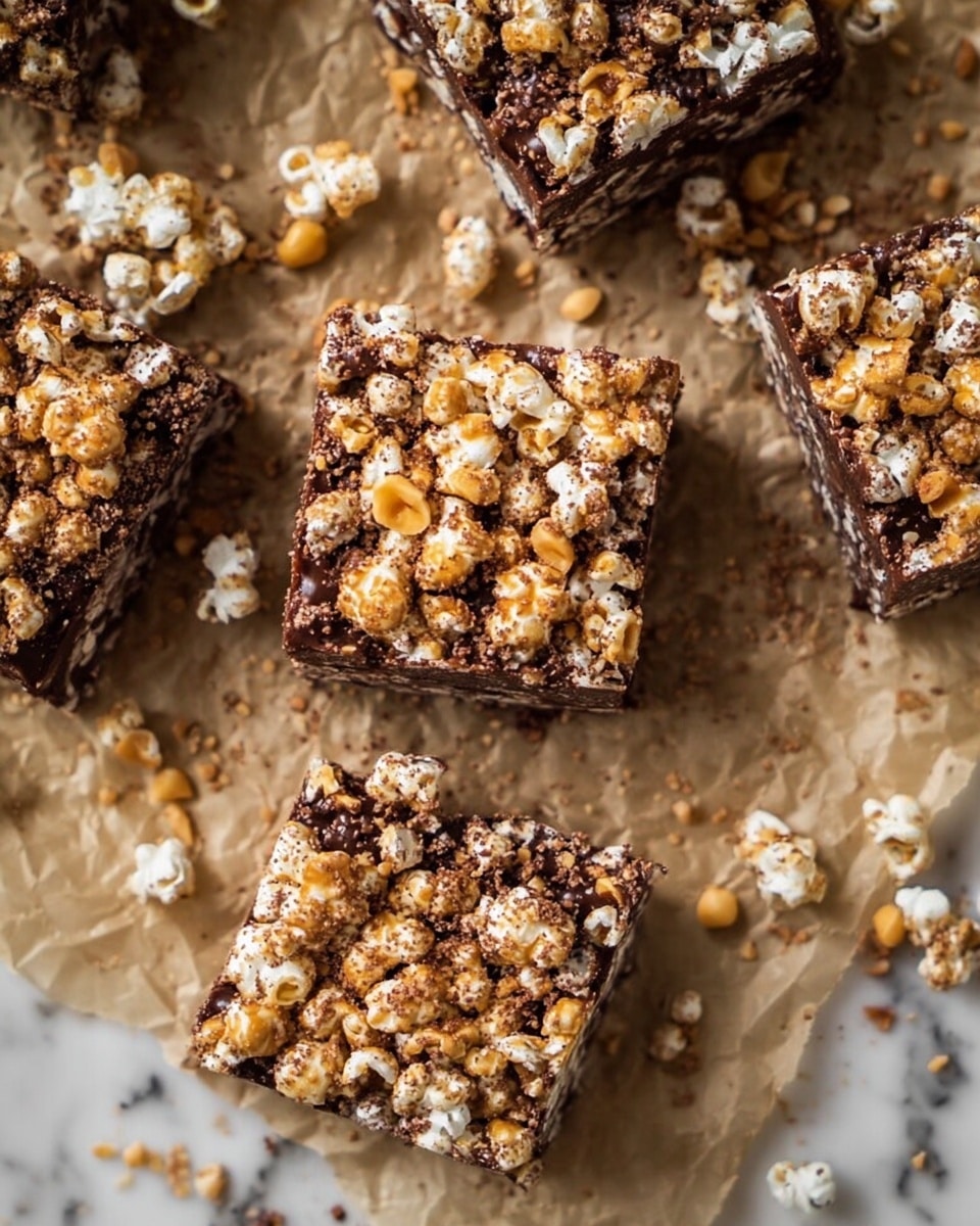 The image shows several square bars made of dark chocolate and popcorn mixed together, topped with crushed light brown nuts. Each bar has a rough, uneven texture with visible popcorn pieces peeking through, and the nuts are scattered densely on top, adding a crunchy look. The bars are placed on crumpled light brown paper with small pieces of popcorn and nuts scattered around them. The background surface has a white marbled texture. photo taken with an iphone --ar 4:5 --v 7