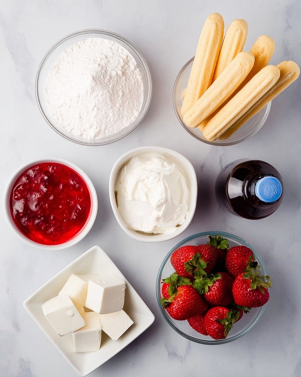 The image shows several small white bowls and one small white square dish arranged on a white marbled surface. The bowls contain different ingredients: white powder that looks like sugar or cornstarch, a smooth white cream, white soft cheese grouped in chunks, and red strawberry jam with visible fruit pieces. The square dish holds fresh strawberries with green leaves. There is also a small, dark bottle with a blue cap, and a clear glass bowl filled with light yellow ladyfinger biscuits standing on their side. The overall arrangement is neat, and the colors contrast well with the white marbled background. photo taken with an iphone --ar 4:5 --v 7