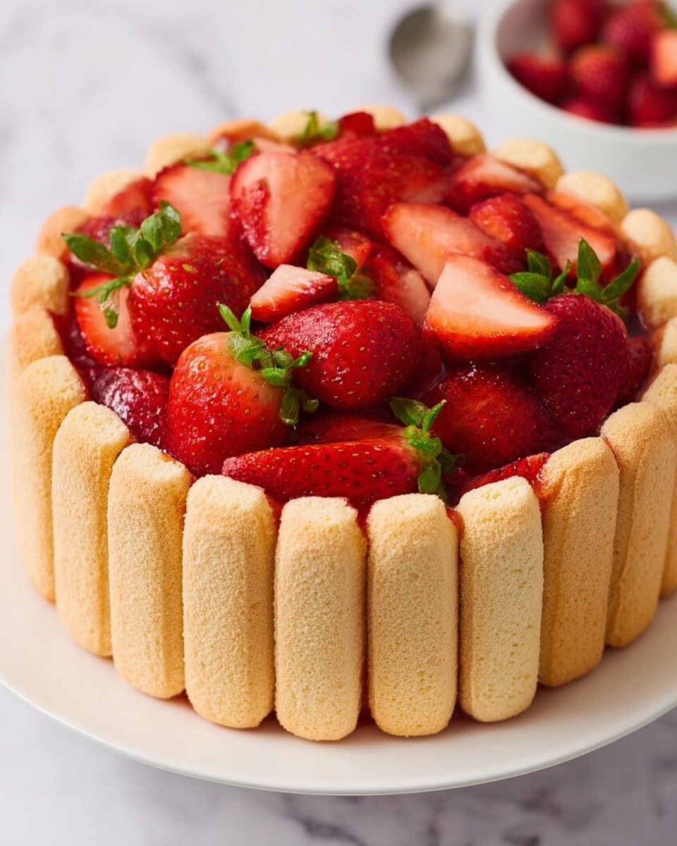 The image shows a white plate with a layered dessert. The outer layer is made of tall, light beige ladyfinger cookies standing side by side in a circle, creating a border. Inside, there is a thick layer of fresh red strawberries, some whole with green leaves and some cut in halves, filling the center and rising slightly above the cookie border. The strawberries have a shiny, juicy texture and vibrant red color. The plate is placed on a white marbled surface. Photo taken with an iphone --ar 4:5 --v 7