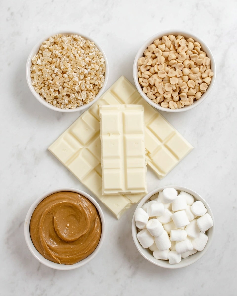 The image shows a white marbled surface with three pieces of white chocolate bars placed in the center, overlapping slightly. Surrounding the chocolate bars are four small white bowls arranged in a diamond shape: the top bowl holds light brown roasted peanuts, the left bowl is filled with crushed light beige rice cereal, the right bowl contains white mini marshmallows, and the bottom bowl holds a smooth, light brown peanut butter spread. Photo taken with an iphone --ar 4:5 --v 7