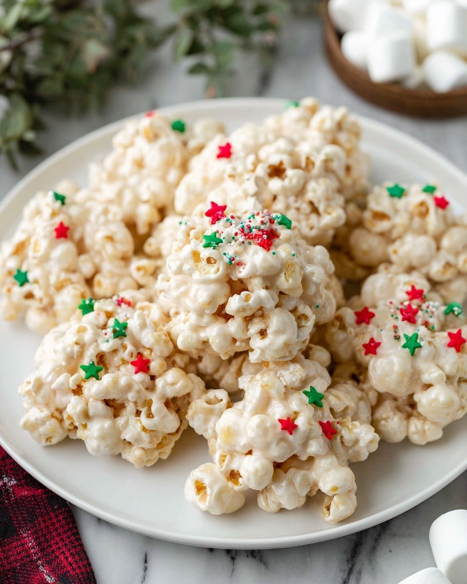 A white plate is filled with round clusters of light beige popcorn treats that look creamy and textured with visible popcorn shapes. Some clusters are topped with small, festive red and green sprinkles in the shapes of dots and stars, adding bright color contrast. The plate sits on a white marbled surface with hints of a plant with green leaves in the background and some soft-focus objects, including white mini marshmallows. photo taken with an iphone --ar 4:5 --v 7