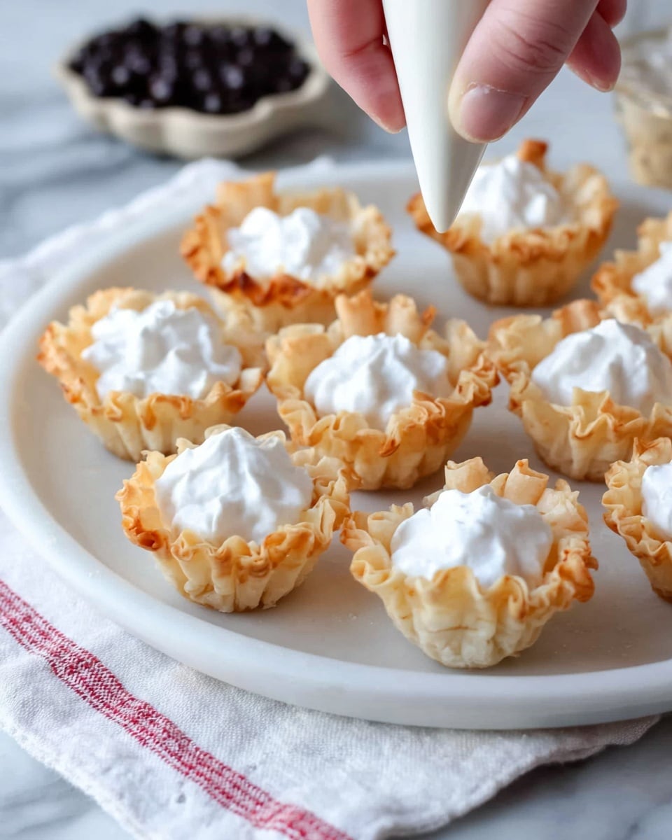 A white round plate holds eleven small tart shells arranged closely together. Each shell is golden brown and crispy with ruffled edges, resembling tiny flower cups. A woman's hand is squeezing white creamy filling from a piping bag into one of the shells in the front row, some shells already filled with a smooth, glossy white cream that forms little peaks. The plate sits on a white marbled surface, with a light cloth with red stripes and a container of dark round elements slightly blurred in the background. photo taken with an iphone --ar 4:5 --v 7