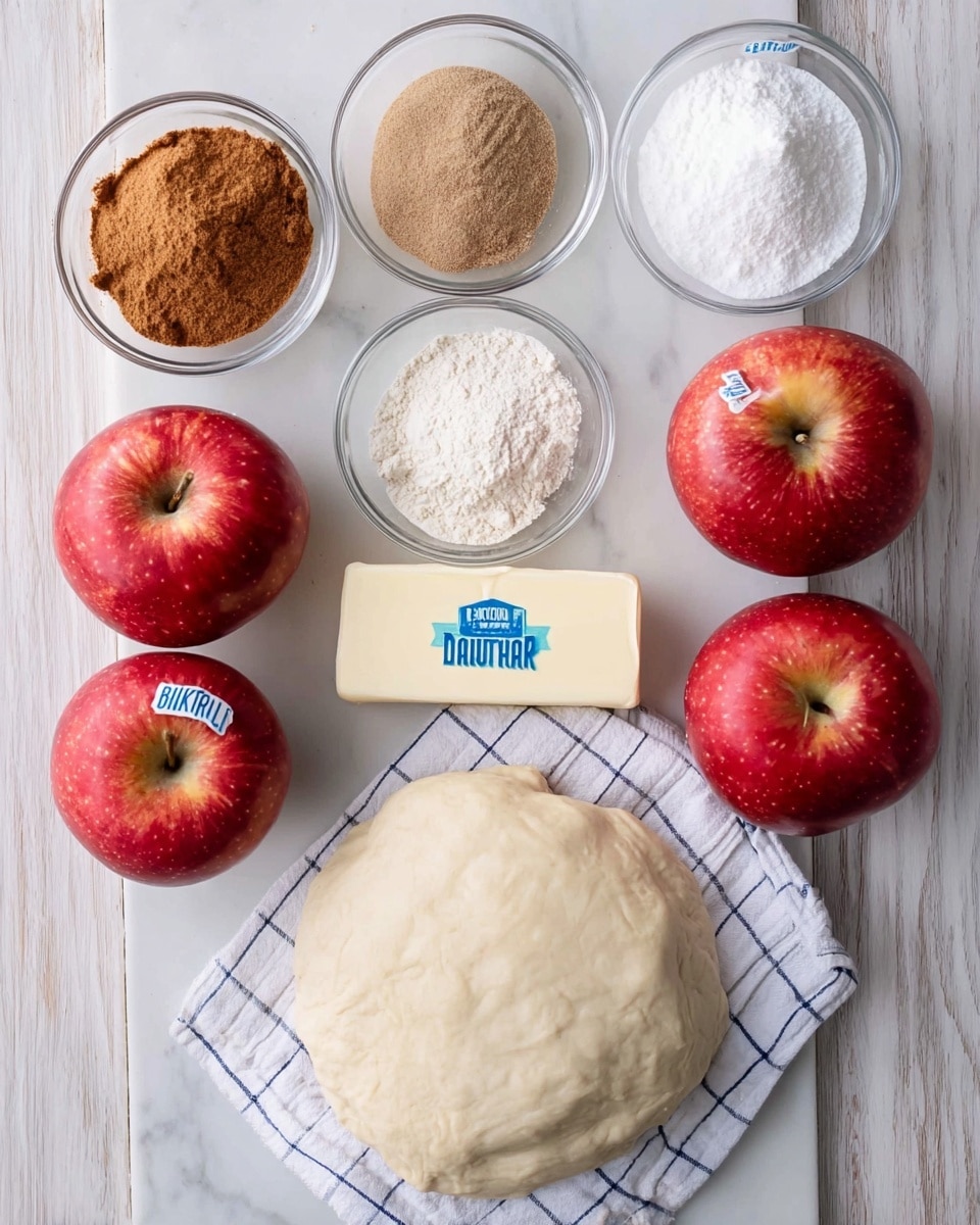 The image shows a top view of various ingredients arranged neatly on a white marbled surface. In the center bottom, there is a round flat dough resting on a white cloth with a blue grid pattern. Above the dough, four bright red apples with shiny skin and stickers are lined up in a row. At the top, there are five clear glass bowls and a stick of butter. From left to right, the bowls contain brown sugar, bright white powdered sugar, white flour, a small amount of light brown cinnamon, and some milk. The butter stick is placed horizontally in the middle among the bowls, labeled clearly with blue text. The light wood texture of the surface is replaced by a white marbled texture behind all items. photo taken with an iphone --ar 4:5 --v 7