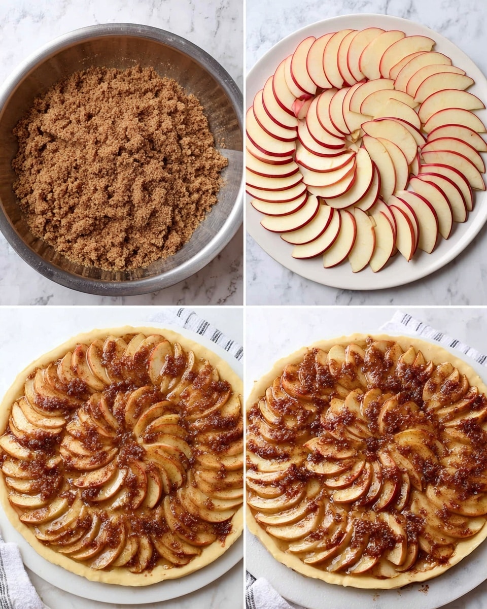 The image shows four steps of making an apple tart. The first part shows a bowl of crumbly brown sugar and spice mix with a rough texture. The second part shows a white plate with thinly sliced red and white apples arranged in a circular, layered spiral starting from the edge to the center. The third part shows the same white plate with the apple slices now covered in the brown crumbly spice mix evenly spread on top. The last part shows the baked apple tart on a white marbled surface with the apples cooked and slightly caramelized, and the crumbly topping melted and golden brown, keeping the spiral shape clear. Photo taken with an iphone --ar 4:5 --v 7