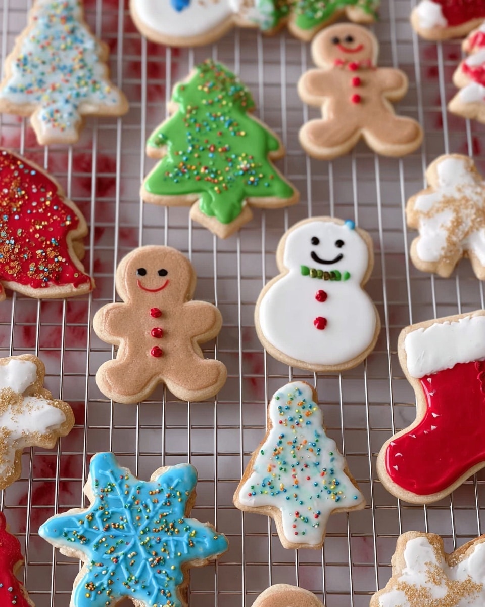 The image shows many Christmas-themed cookies on a silver wire rack. There are three-layer designs: a white base cookie, one layer of icing in different shapes and bright colors, and sprinkles or small decorations on top. The cookies include green Christmas trees with colorful sprinkles, white snowman shapes with red and blue buttons and red smile dots, brown gingerbread people with red and white dot decorations, white stars with gold sprinkles, a red stocking with white icing top, and a blue snowflake with blue dots. The wire rack is placed on a white marbled surface, adding brightness to the scene. photo taken with an iphone --ar 4:5 --v 7