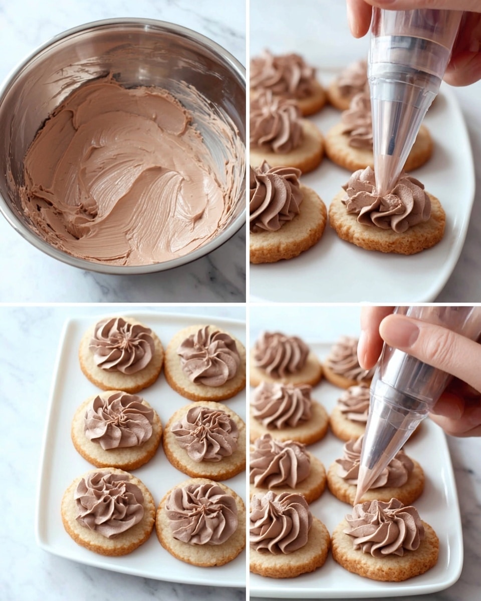 The image shows four steps of making small chocolate cream-topped cookies. The first step is a silver mixing bowl full of smooth, light brown chocolate cream with a soft and fluffy texture. The second step shows a clear piping bag filled with the same chocolate cream, with the tip ready to squeeze. The third step captures a woman's hand piping the chocolate cream in decorative swirls onto round beige cookies placed on a white plate. The fourth step shows the finished cookies arranged in rows on the same white plate, each cookie topped with two swirls of chocolate cream creating a soft and smooth texture. The scene is set on a white marbled background. photo taken with an iphone --ar 4:5 --v 7