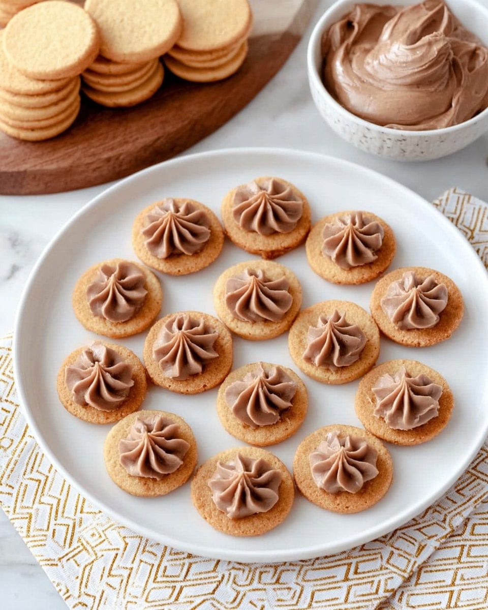 The image shows a white round plate with thirteen small round golden-brown cookies evenly placed on it. Each cookie has a swirl of smooth light brown chocolate cream piped on top, creating a star-like pattern with soft ridges. To the upper left of the plate, there is a bunch of plain golden-brown cookies stacked on a wooden board partially in view. To the upper right, a small white bowl holds more light brown chocolate cream with a smooth texture and shiny surface. The background is a white marbled texture with a cloth napkin featuring a white and gold geometric pattern partially visible under the plate. Photo taken with an iphone --ar 4:5 --v 7