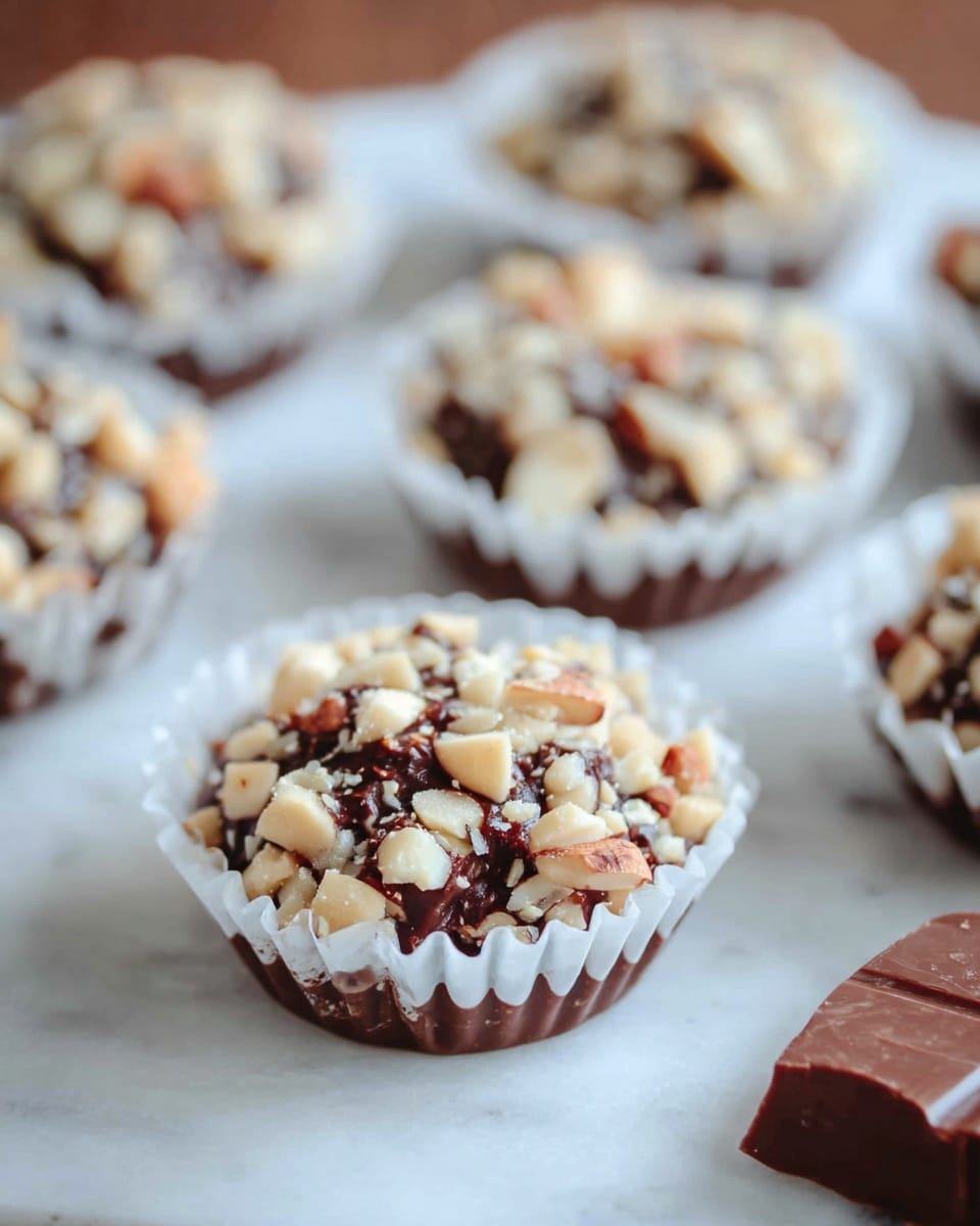 The image shows several round chocolate treats placed in white paper cups on a white marbled surface. Each treat has a dark brown chocolate base, fully covered with uneven pieces of light beige chopped nuts, giving a rough texture on the outside. The treats are arranged in loose rows, with one in the front clearly in focus, and the others blurred in the background. To the right, a partially visible smooth milk chocolate piece adds contrast to the rough nut-covered treats. Photo taken with an iphone --ar 4:5 --v 7