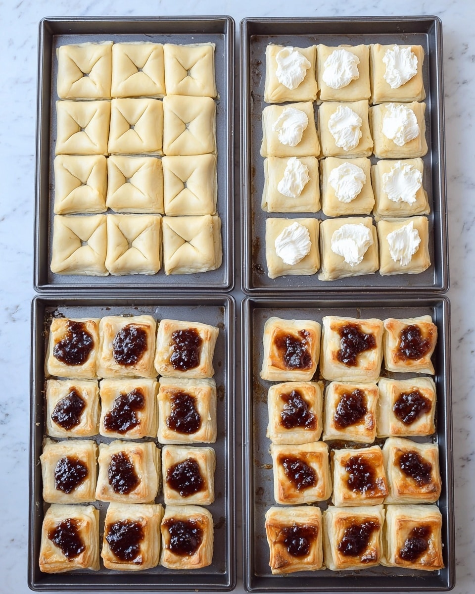 The image shows four stages of small square-shaped pastry pieces on a baking pan, lying on a white marbled surface. In the top left corner, the first layer is uncooked dough squares, pale yellow and flat with slightly folded edges arranged in neat rows. The top right shows the second layer where a white creamy dollop sits in the center of each dough square, making the edges puff slightly. The bottom left panel shows the third layer where dark brown dollops of jam are placed on top of the creamy filling in each piece, the dough looks lightly baked and slightly golden. Finally, the bottom right panel shows the fully baked pastries, golden brown with a glossy, dark brown topping on each piece. photo taken with an iphone --ar 4:5 --v 7