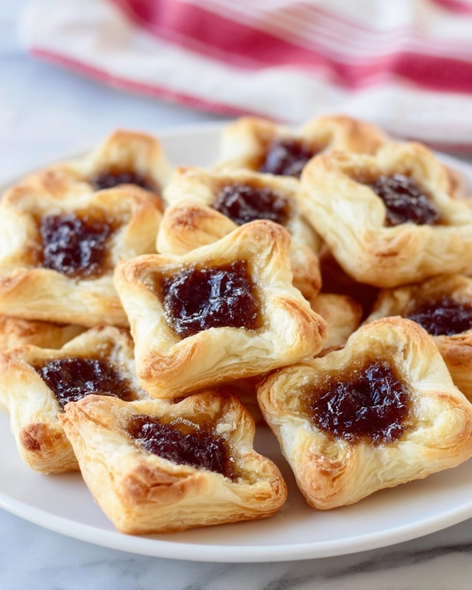 The image shows a white plate filled with about a dozen small pastries. Each pastry has a light golden, flaky puff pastry base shaped like a square with the corners folded up, holding a dark purple jam or fruit filling in the center. The puff pastry has many delicate layers that look soft and airy, with slight browning at the edges. The jam is glossy, thick, and somewhat sticky, sitting snugly in the middle of each pastry. The plate is placed on a white marbled surface with a blurred red and white striped cloth in the background. photo taken with an iphone --ar 4:5 --v 7
